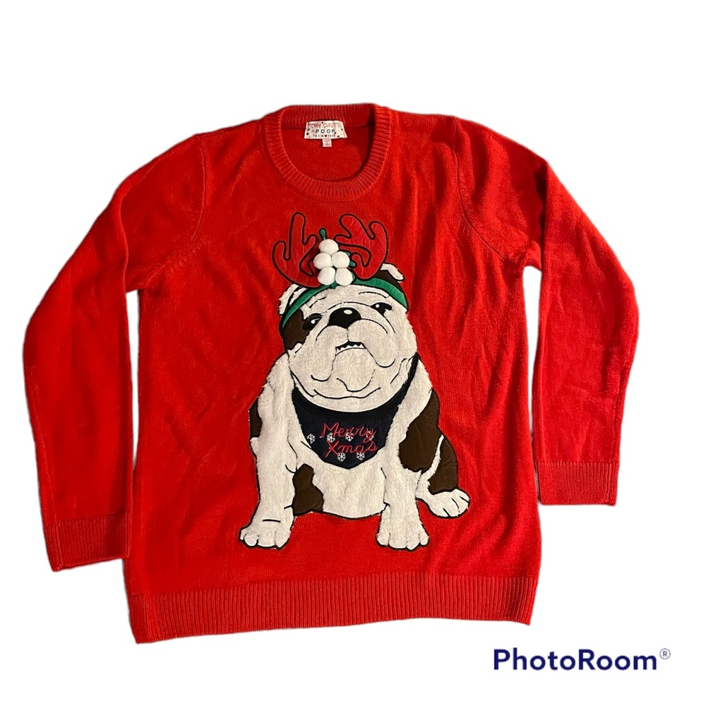 POOF Red Merry Christmas Furry BullDog Antlers Ugly Sweater| Large